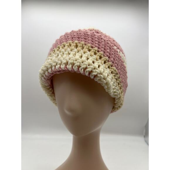 Knit Woven Wide Pink Cream Stripe Beanie Knit Hat Outdoors Coquette XS - Picture 2 of 9